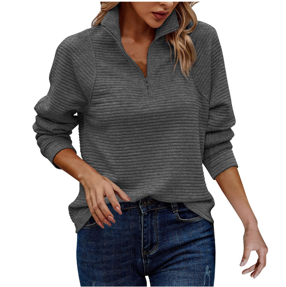 Zipper Stand Collar Pullover Sweatshirt Fashion Solid Striped Long Sleeve Top Spring And Autumn Women&