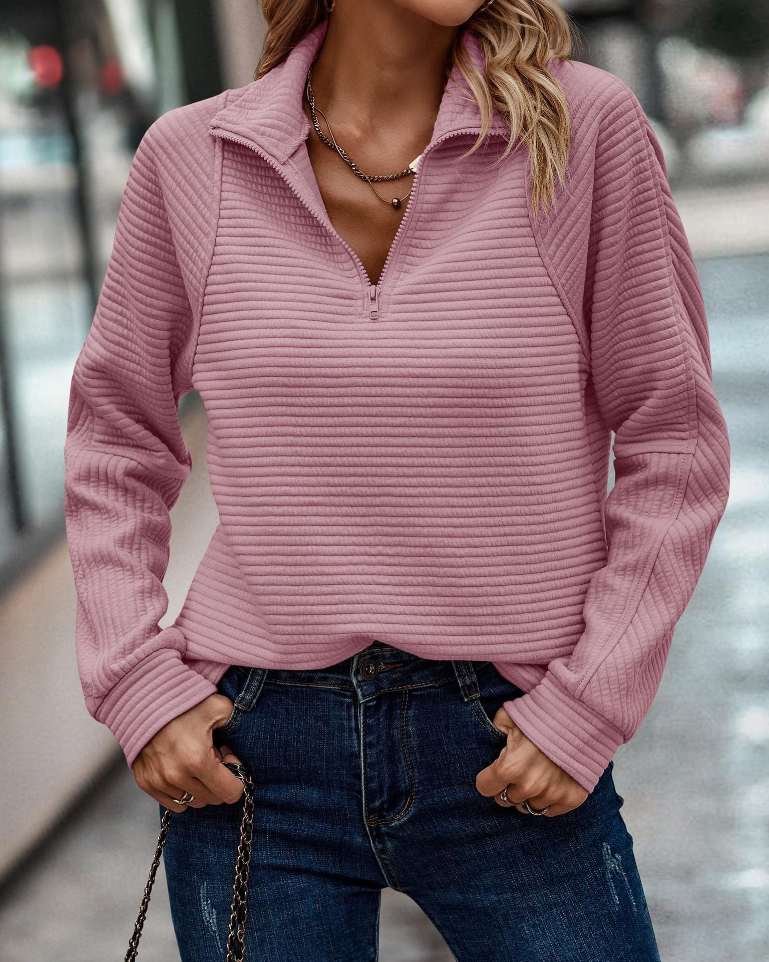 Zipper Stand Collar Pullover Sweatshirt Fashion Solid Striped Long Sleeve Top Spring And Autumn Women&