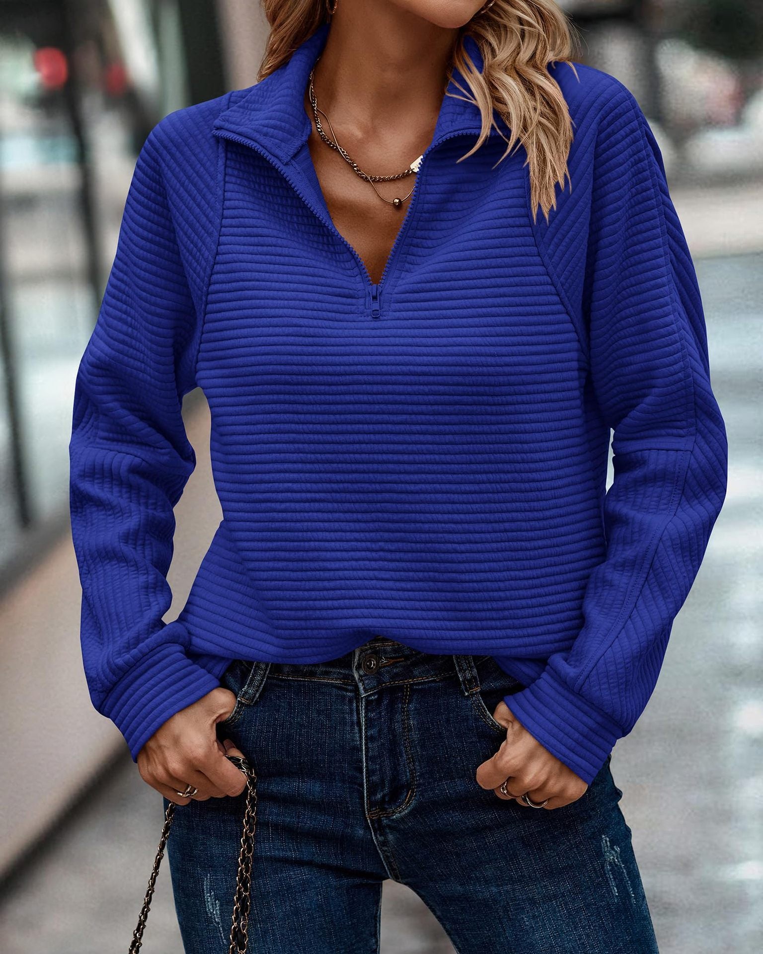 Zipper Stand Collar Pullover Sweatshirt Fashion Solid Striped Long Sleeve Top Spring And Autumn Women&