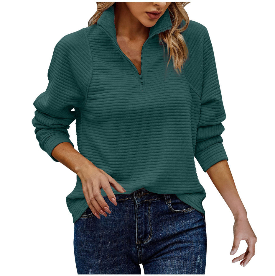 Zipper Stand Collar Pullover Sweatshirt Fashion Solid Striped Long Sleeve Top Spring And Autumn Women&