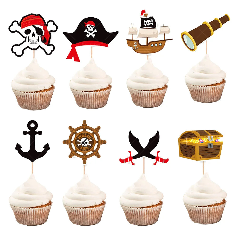Pirate Birthday Cake Decorations Pirate CupCake Toppers Skull Cap Cupcake Picks Captain Treasure Theme Party Supplies