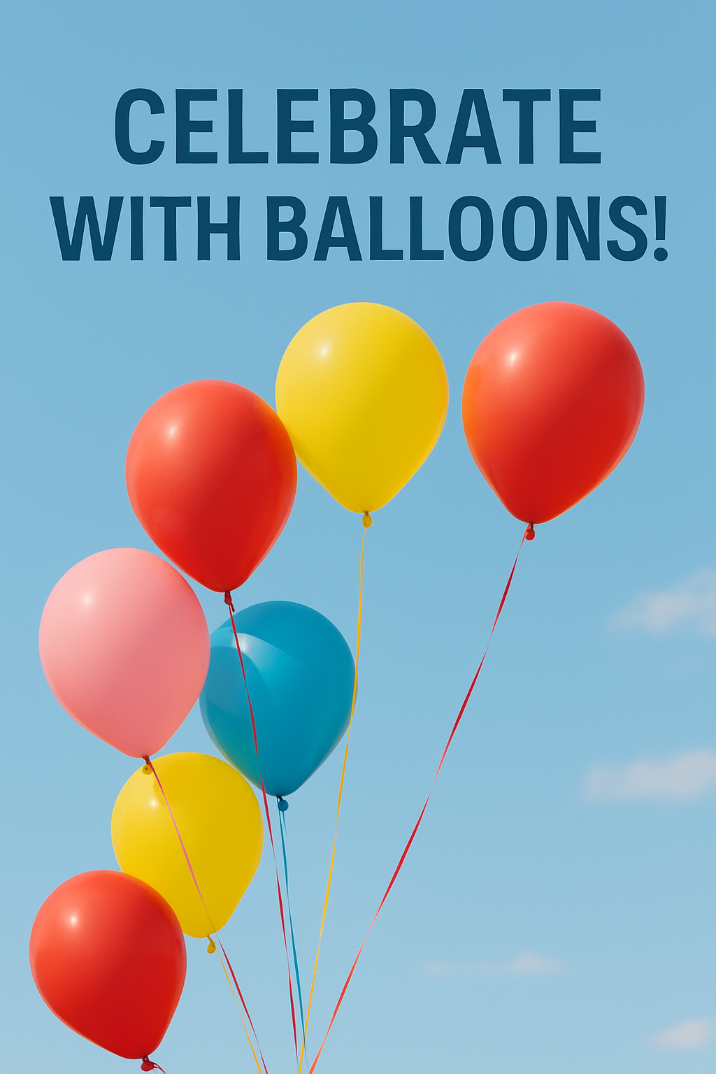 A cheerful promotional banner featuring six colorful helium balloons—red, yellow, pink, and blue—floating against a bright blue sky with a few soft clouds. Each balloon has a ribbon attached, and the bold uppercase text "CELEBRATE WITH BALLOONS!" appears prominently at the top in dark blue. The image evokes a festive and joyful atmosphere.