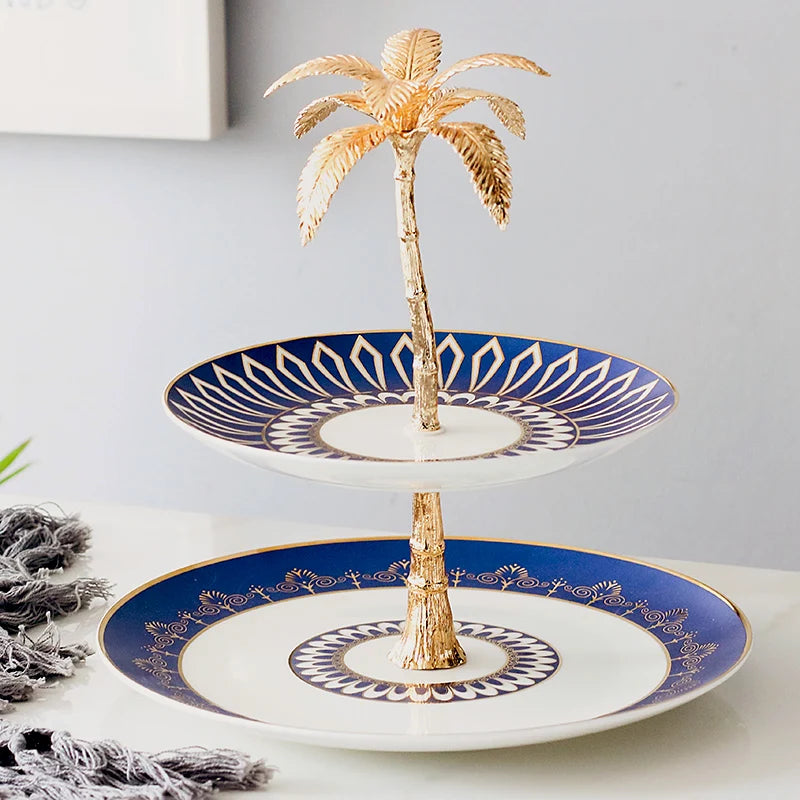 Gold Coconut Tree Statue Ceramic Plate Cake Candy Dessert Stand Rack Palm Tree Holder Home Party Festival Cake Tool Supplies