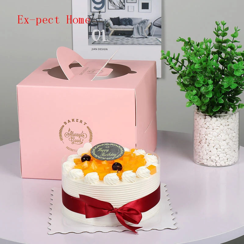 100pcs/lot 4 Colors 4/6/8/10 inch cake box With handle Kraft paper cheese cake box kids Birthday wedding home Party supply