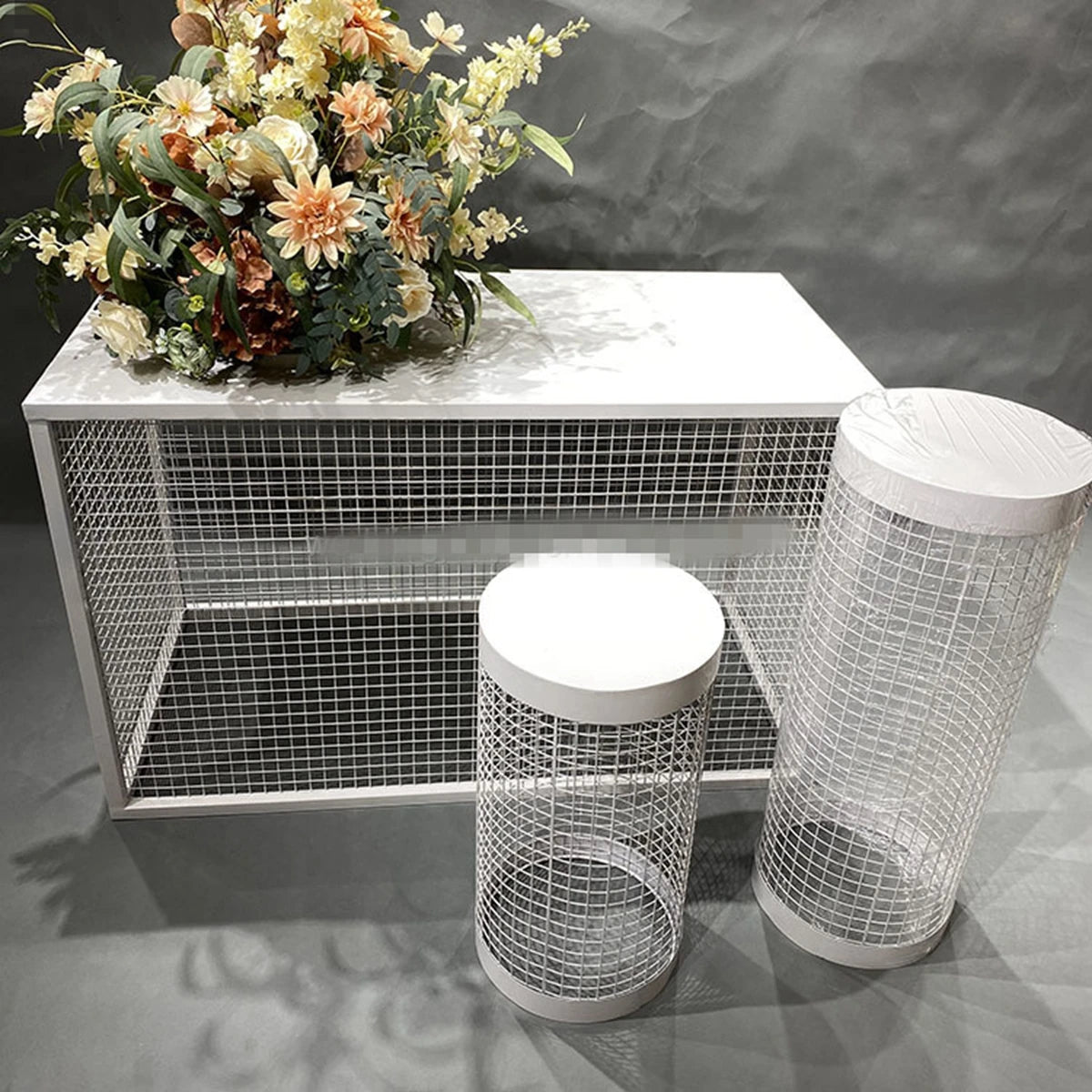 3pcs/set)Wedding supplies white metals cake cylinder plinth pillar wire mesh pedestal stand metal display racks AB0924