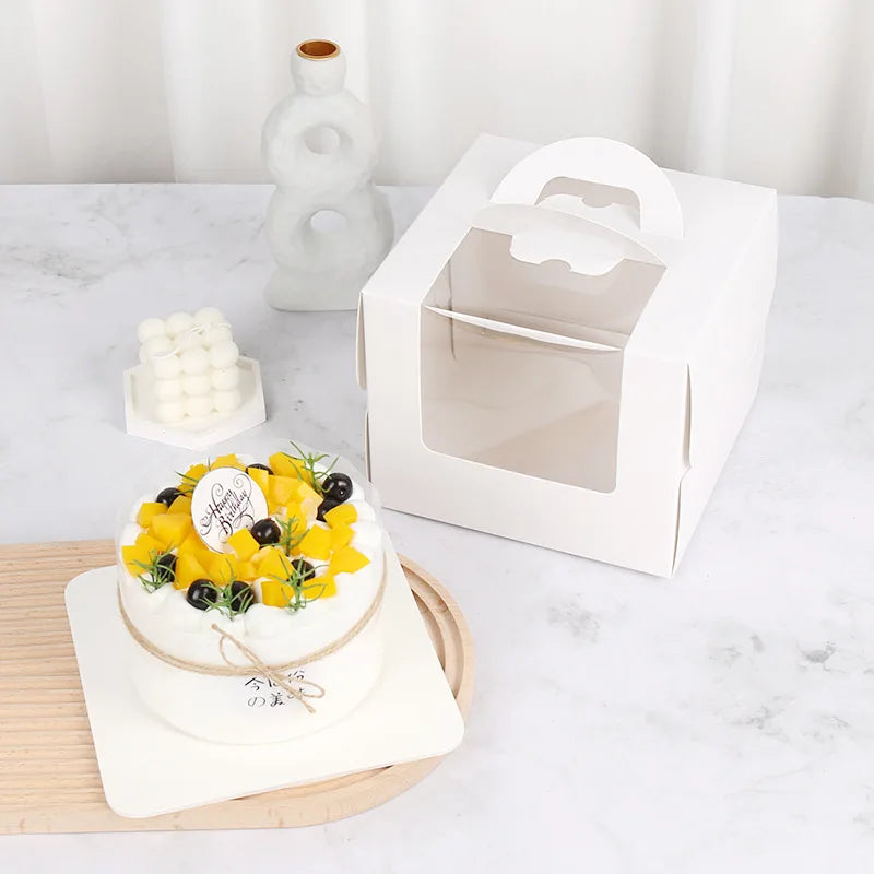 50Pcs/Lot 4/6/8 Inch Window White Cake Box With Handle Kraft Paper Cheese Cake Box Kids Birthday Wedding Home Party Supply