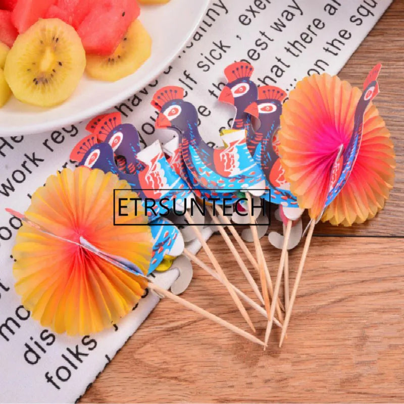 100sets 3D Multicolor Peacock Cupcake Topper Fruit Fork Picks Kids Birthday Cake Decoration Wedding Party Supplies