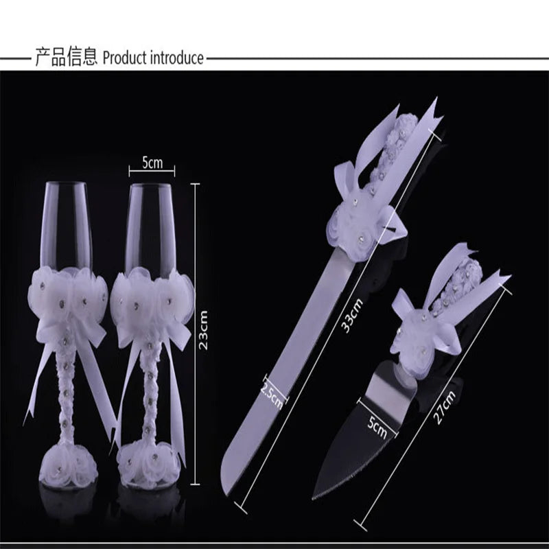 4PcsWedding Supplies Cake Knife,Pie Server Set and Wedding Champagne Glasses Set Bride and Groom Gifts for Wedding Birthday Show