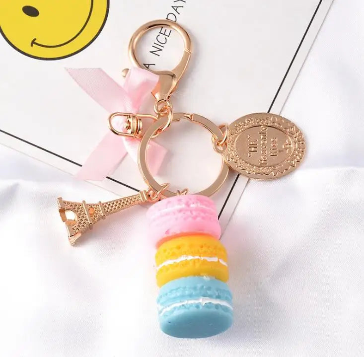 Resin Macaron Cake Keychain Metal Eiffel Tower Bag Charm keyring Wedding Supplies Keychain Favor DHL SN1980