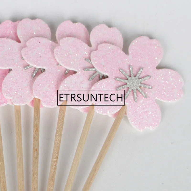 100sets Pink Cherry Blossoms Cupcake Toppers Girl Birthday Party Decorations Kids Sakura Cake Supplies Accessories Flower