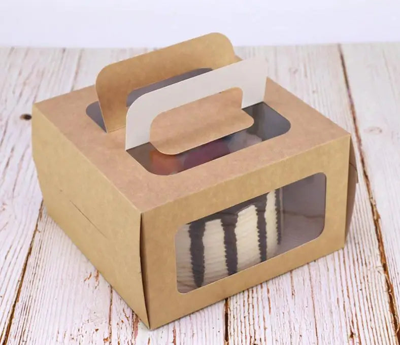100pcs/lot 4 Inch Cake Box with Window Handle Kraft Paper Cheese Cake Box Kids Birthday Wedding Home Party Supply Wholesale