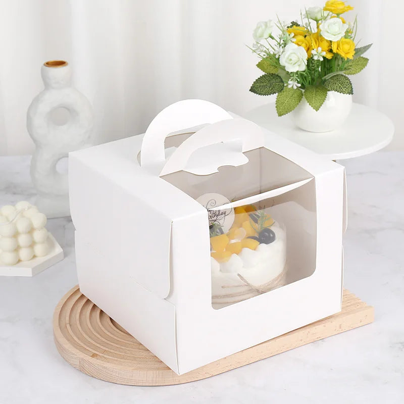 50Pcs/Lot 4/6/8 Inch Window White Cake Box With Handle Kraft Paper Cheese Cake Box Kids Birthday Wedding Home Party Supply