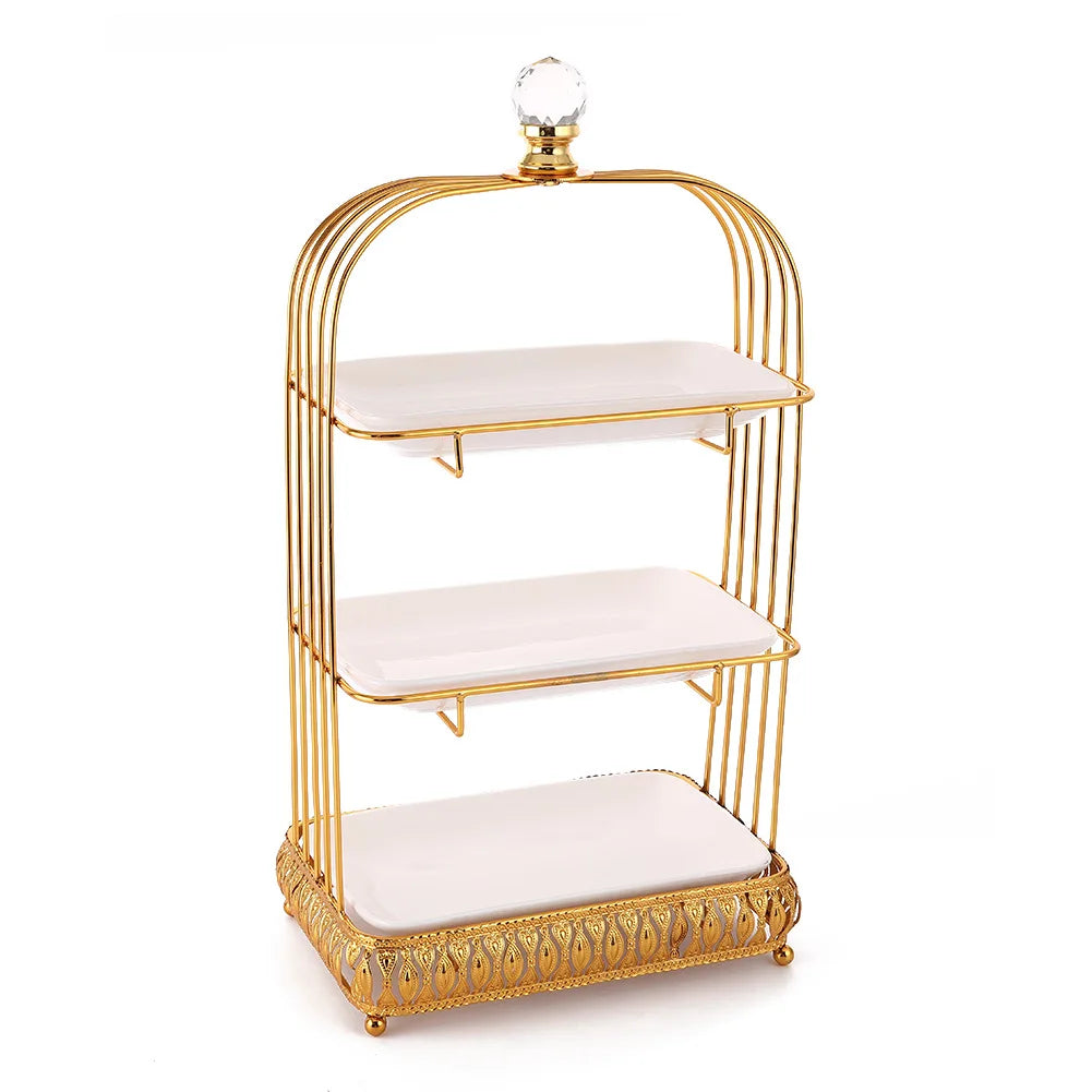Crystal decoration double-layer ceramic metal snack rack kitchen supplies three-layer ceramic cake plate fruit plate