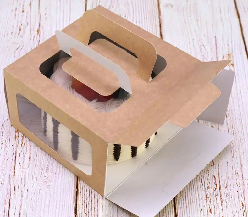 100pcs/lot 4 Inch Cake Box with Window Handle Kraft Paper Cheese Cake Box Kids Birthday Wedding Home Party Supply Wholesale