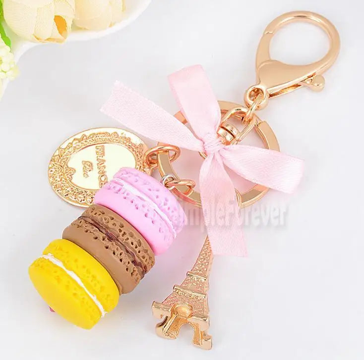 Resin Macaron Cake Keychain Metal Eiffel Tower Bag Charm Keyring Wedding Supplies Keychain Favors DHL Free Shipping