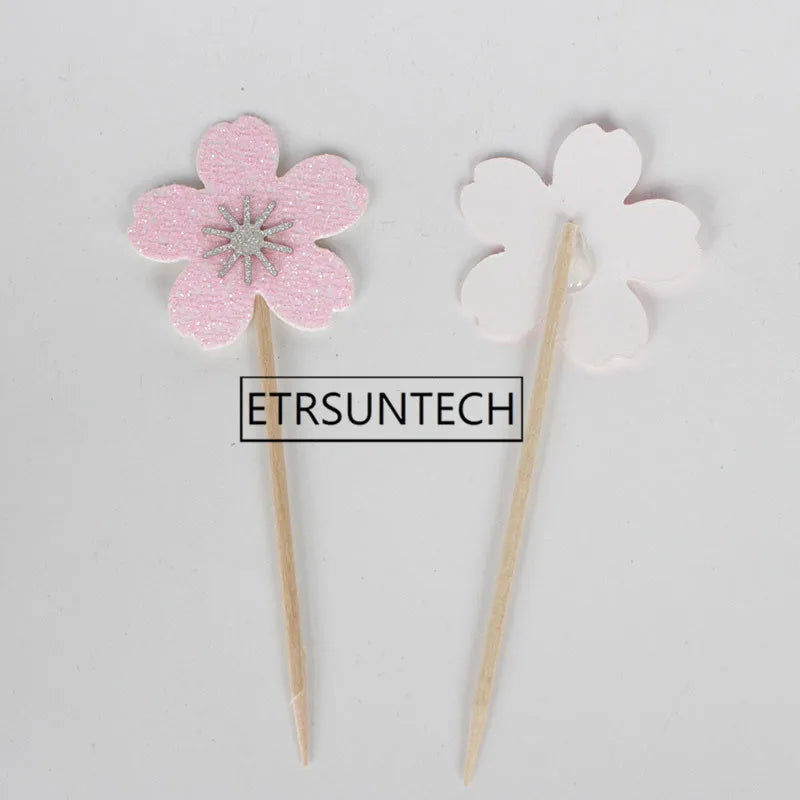 100sets Pink Cherry Blossoms Cupcake Toppers Girl Birthday Party Decorations Kids Sakura Cake Supplies Accessories Flower