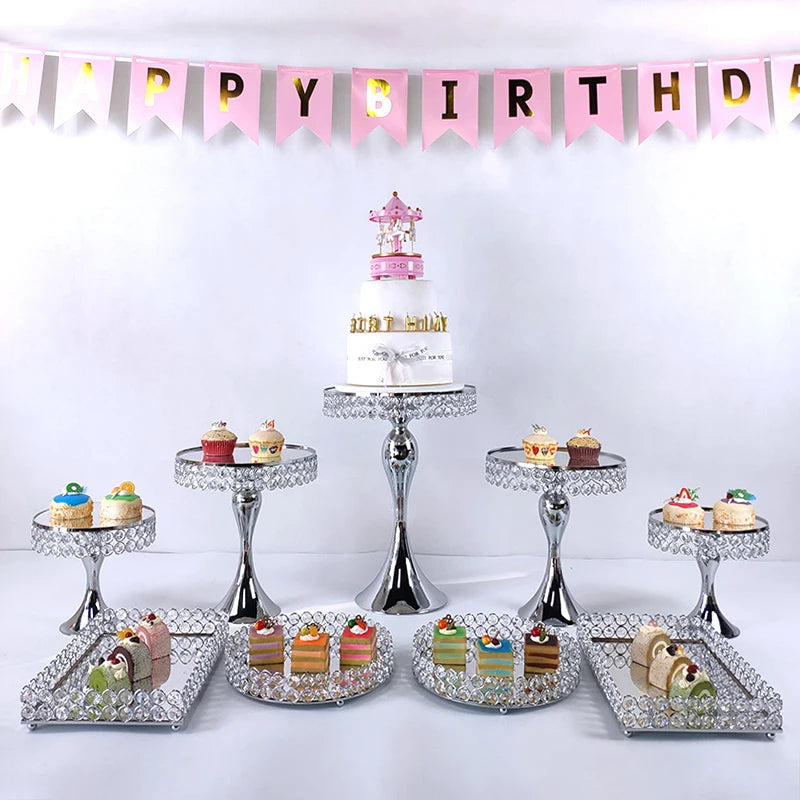 7-9 Cake Decorating Supplies Crystals Cake Stand Cupcake Stand Wedding Plates Set Metal Round Party Dessert Display Decor Tray