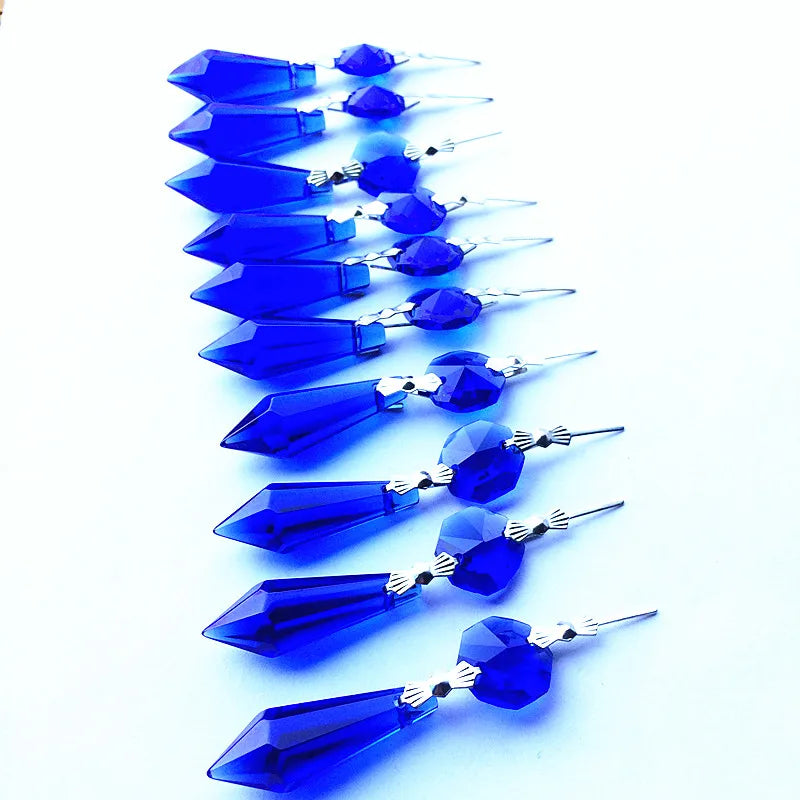 100PCS Blue GLASS ICICLE 63mm CRYSTAL PRISMS PENDANT SILVER BOW TIES For BIRTHDAY WEDDING Party CAKE TOPPER,EVEN PARTY SUPPLY