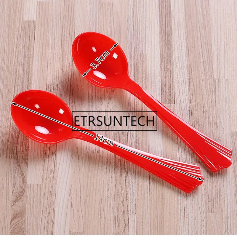Disposable Plastic Spoon Red Spoons Ice Cream Cake Candy Cutlery Kitchen Wedding Festive Party Supplies 1000pcs