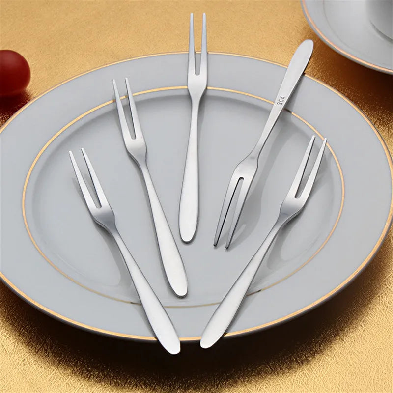 100pcs/lot Luxury Fruit Fork Two-tine 304 Stainless Steel Metal Cake Salad Korea Fork Black Hotel Restaurant Party Supplies