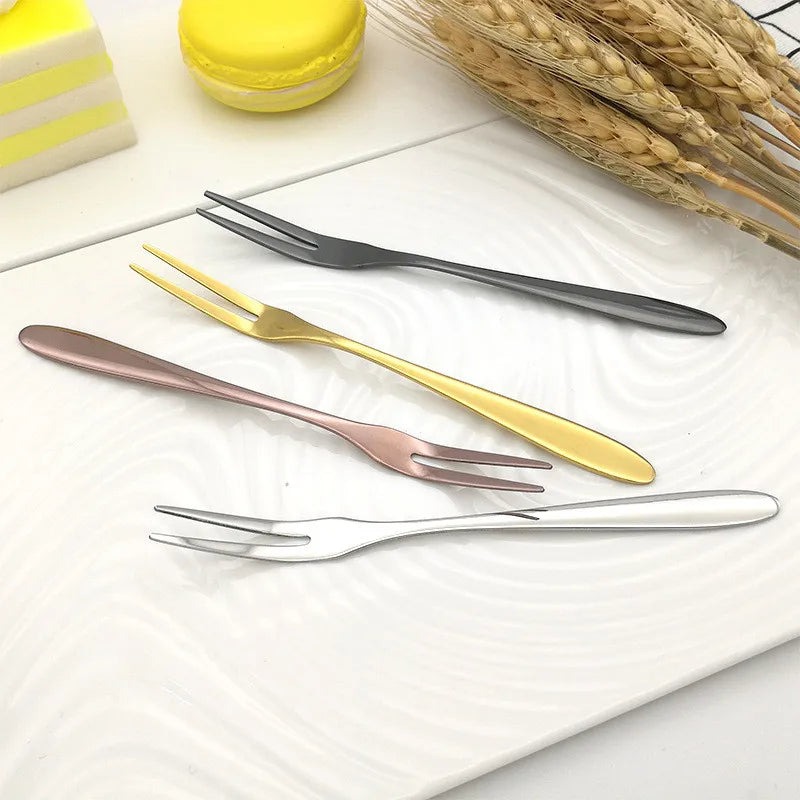 100pcs/lot Luxury Fruit Fork Two-tine 304 Stainless Steel Metal Cake Salad Korea Fork Black Hotel Restaurant Party Supplies