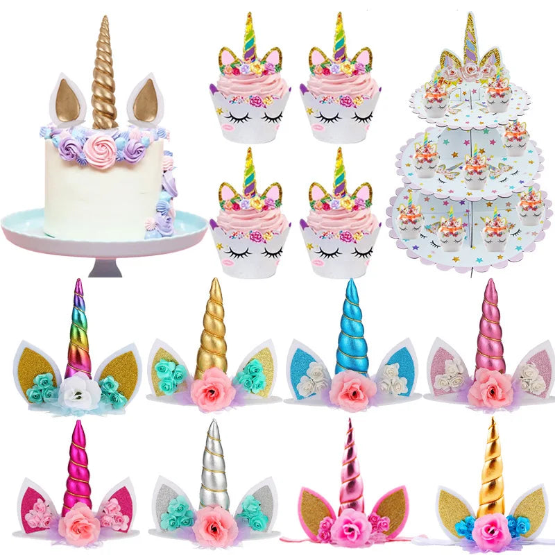 Unicorn Cake Toppers & Cupcake Wrappers – Kids Birthday Party Decorations with Wings