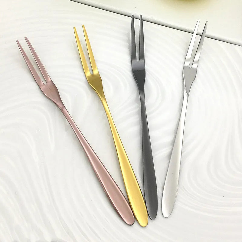 100pcs/lot Luxury Fruit Fork Two-tine 304 Stainless Steel Metal Cake Salad Korea Fork Black Hotel Restaurant Party Supplies