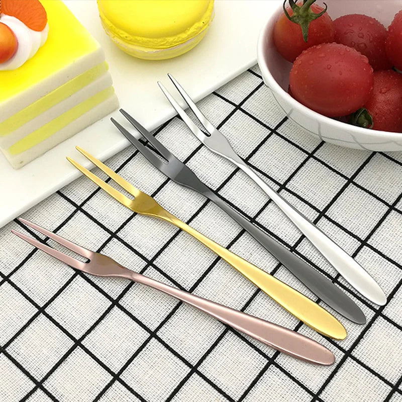 100pcs/lot Luxury Fruit Fork Two-tine 304 Stainless Steel Metal Cake Salad Korea Fork Black Hotel Restaurant Party Supplies