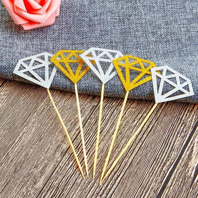 Wedding Cake Topper Decor Gold Glitter Diamond Cupcake Toppers Wedding Birthday Party Supplies LX6887