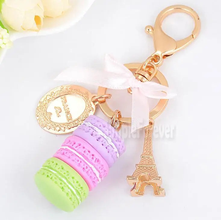 Resin Macaron Cake Keychain Metal Eiffel Tower Bag Charm Keyring Wedding Supplies Keychain Favors DHL Free Shipping