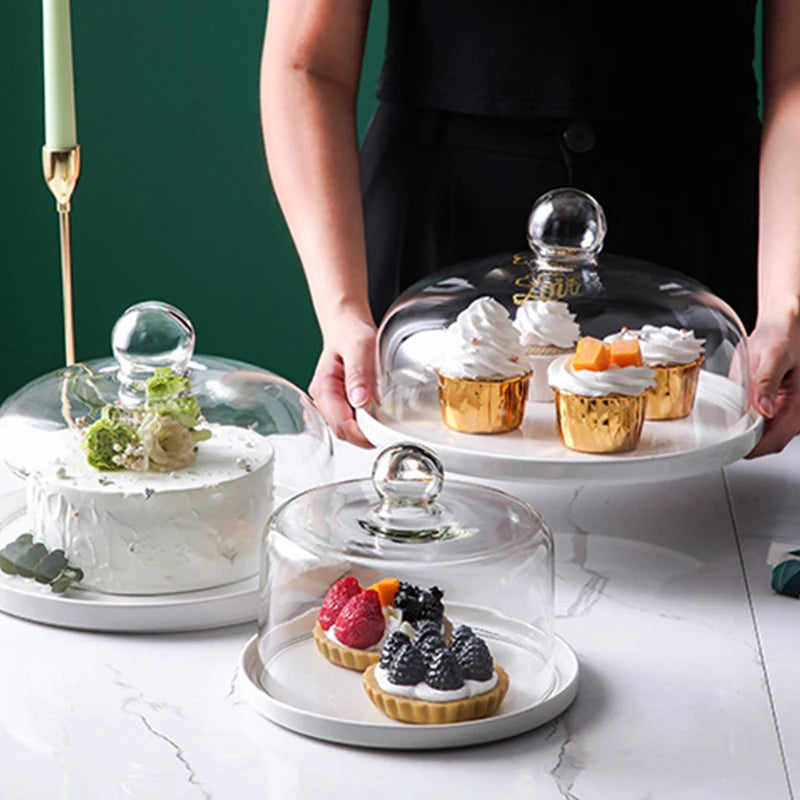 Ceramics Cake Stand Glass Dust Cover Nordic Kitchen Supplies Cake Bread Tray Home Party Wedding Decor Cake Stand Serving Dishes