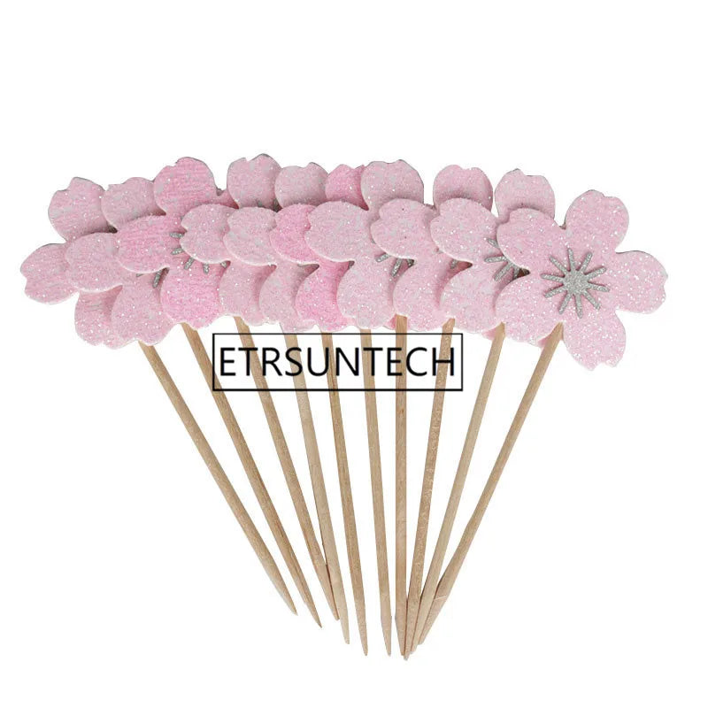 100sets Pink Cherry Blossoms Cupcake Toppers Girl Birthday Party Decorations Kids Sakura Cake Supplies Accessories Flower