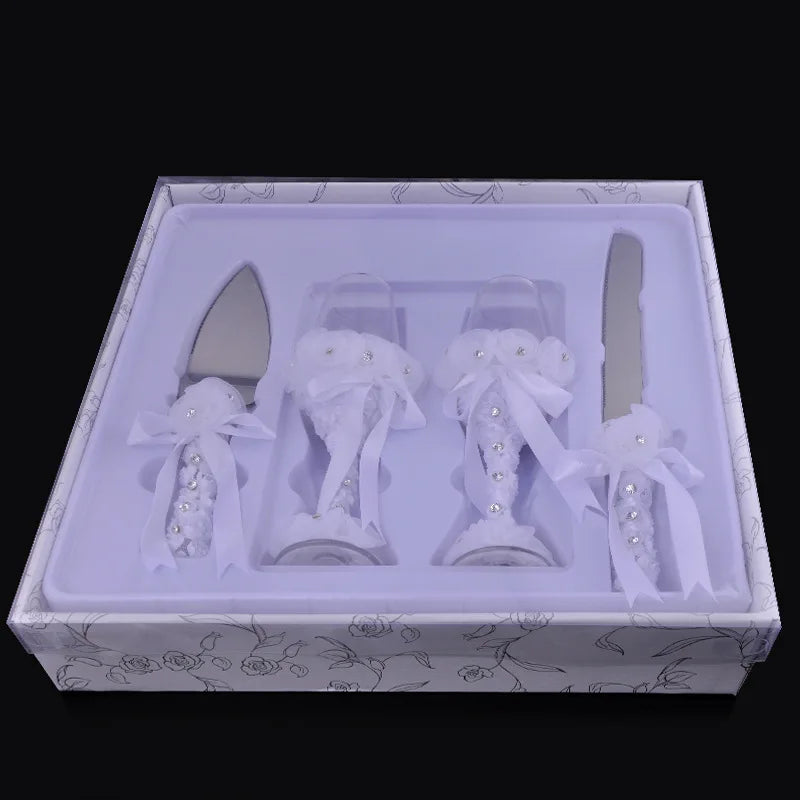 4PcsWedding Supplies Cake Knife,Pie Server Set and Wedding Champagne Glasses Set Bride and Groom Gifts for Wedding Birthday Show