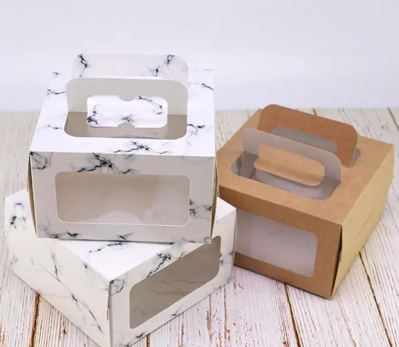 100pcs/lot 4 Inch Cake Box with Window Handle Kraft Paper Cheese Cake Box Kids Birthday Wedding Home Party Supply Wholesale