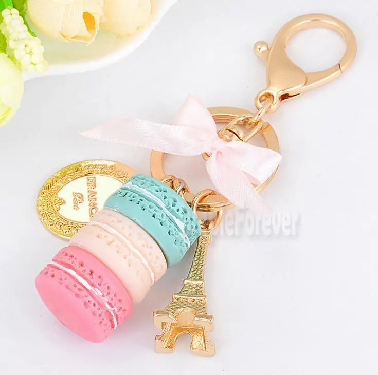 Resin Macaron Cake Keychain Metal Eiffel Tower Bag Charm Keyring Wedding Supplies Keychain Favors DHL Free Shipping
