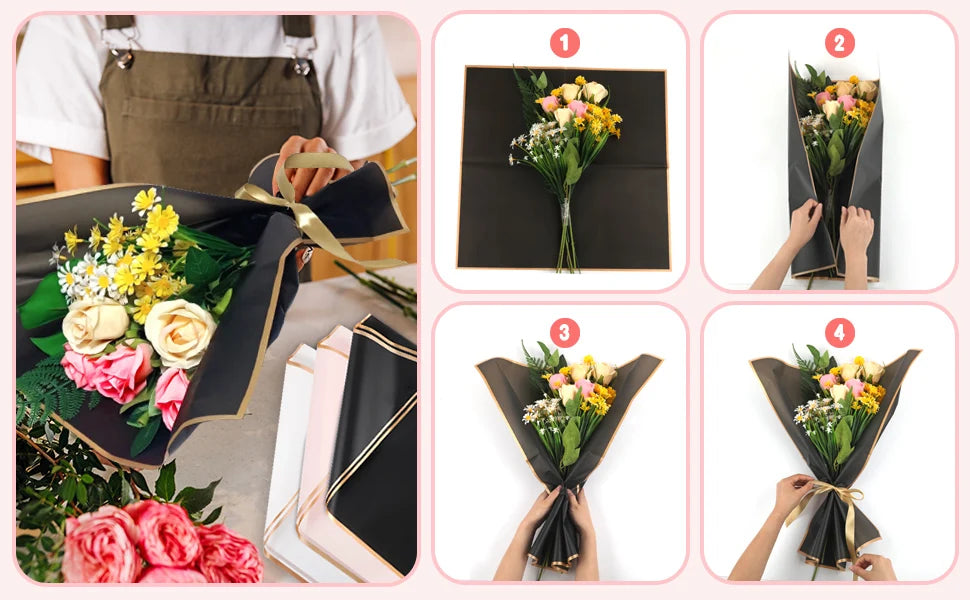 20 Sheets Pink Flower Wrapping Paper with Golden Edges, Waterproof Packaging, Ideal for DIY Crafts, Wedding Bouquets, Weddings