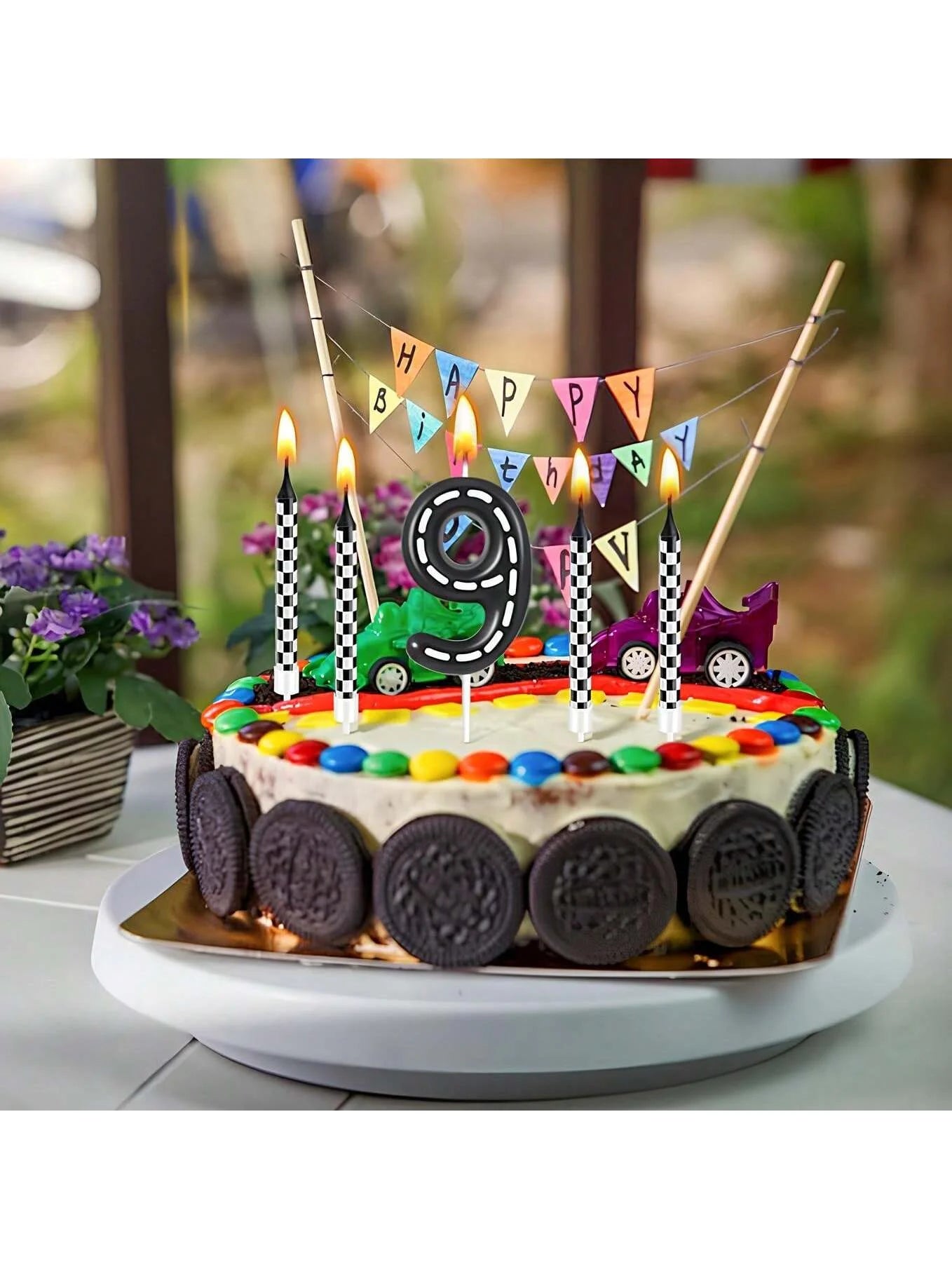 7pcs Racing Car Birthday Candles – Number & Truck Cake Toppers with Black and White Checkered Design