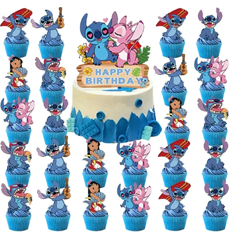 Lilo & Stitch Blue Glitter Cake Toppers Kids Favor Pink Angel Party Cake Topper Cupcake Topper for Kid Birthday Decor Baby Showe