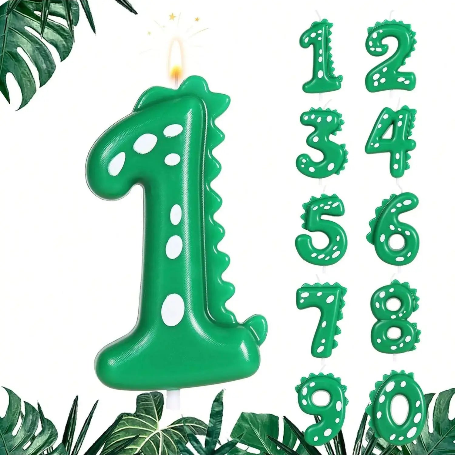 Dinosaur Birthday Candle,0-9 Green Number Candle for Dinosaur Theme Party Decoration, Number Candle for Cake Top