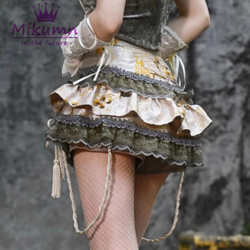 Mikumn Blood Supply Original Gothic Lolita Lace Cake Skirt Women Chinese Style Buckle High Waist Cosplay Party Mini Skirts