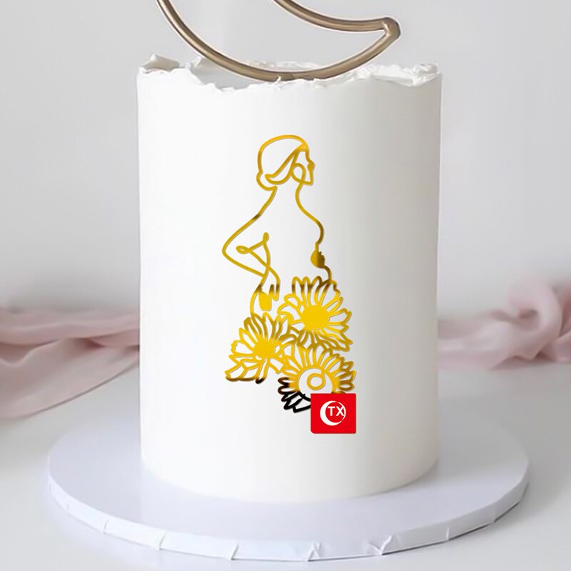 Art Pregnant Woman Happy Birthday Cake Topper Acrylic Gold Lady Face Wedding Baby Footprint Cake Topper Party Cake Decorations