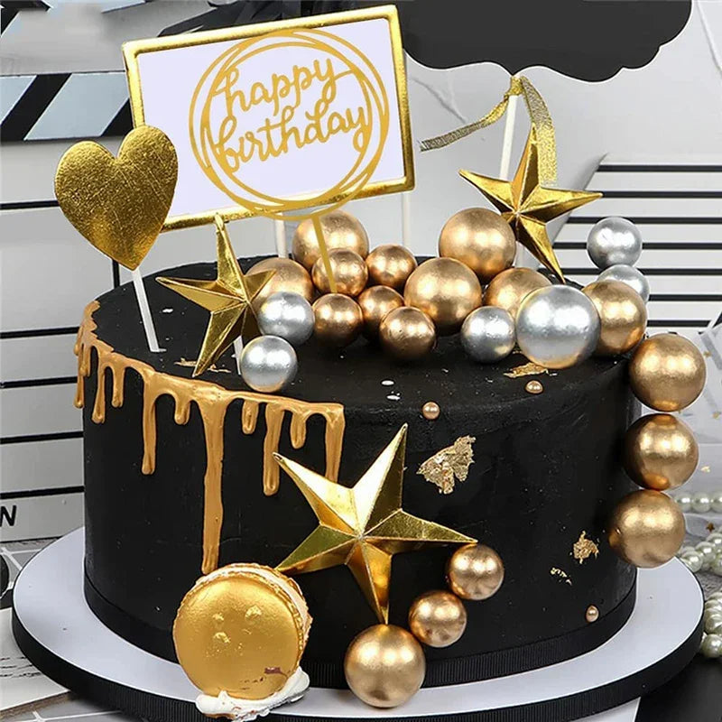 20pcs Gold & Silver Cake Toppers – Happy Birthday Ball Picks for Cupcakes, Wedding & Christmas Decorations