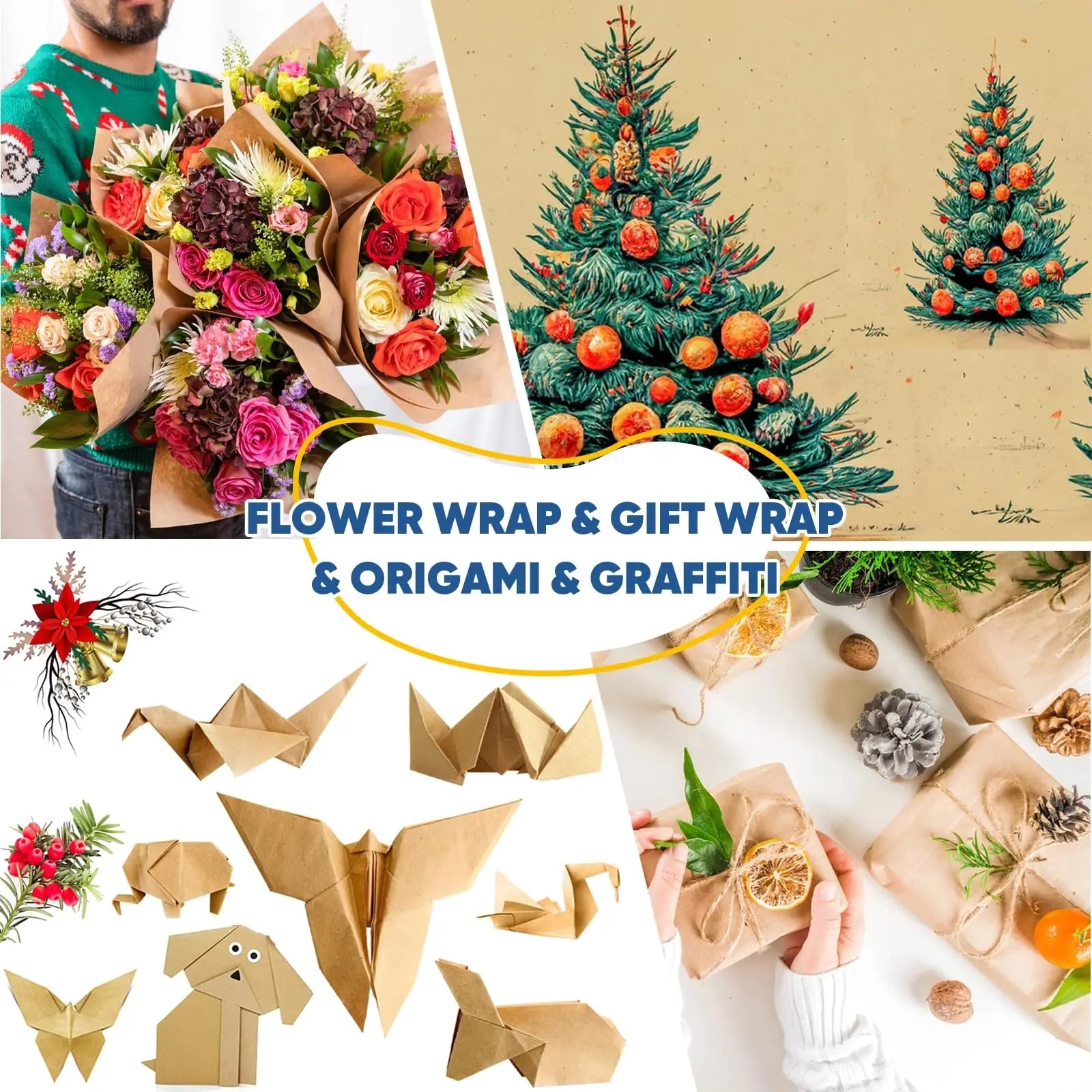 Kraft Paper Roll – Brown Wrapping Paper for Gifts, Crafts, Shipping & Floor Covering (100% Recycled)