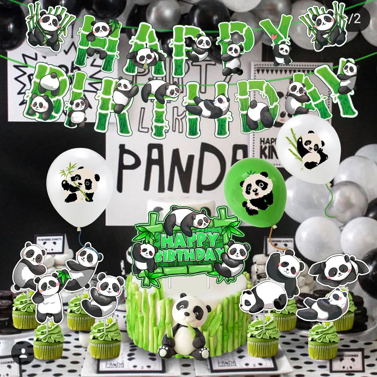 16pcs Panda Theme Birthday Party Cake Decorations Bamboo Panda Cake Inserts Happy Birthday Cake Toppers