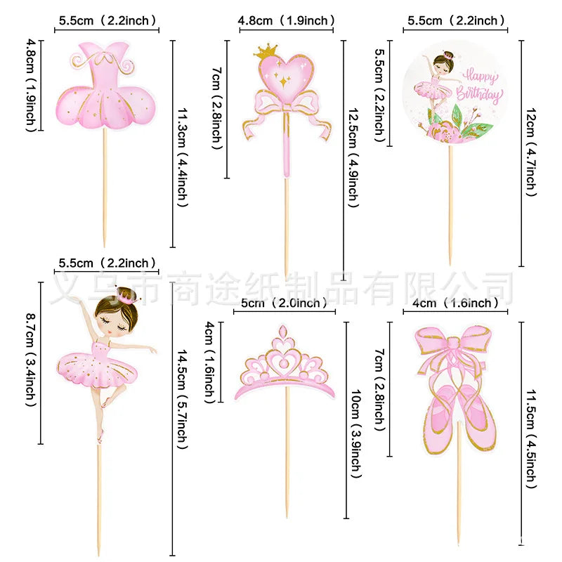 Pink Ballerina Girl Cake Topper Toppers Crown Dress Kids Happy Birthday Wedding Party Baby Shower Baking Cake Dessert DIY Decor