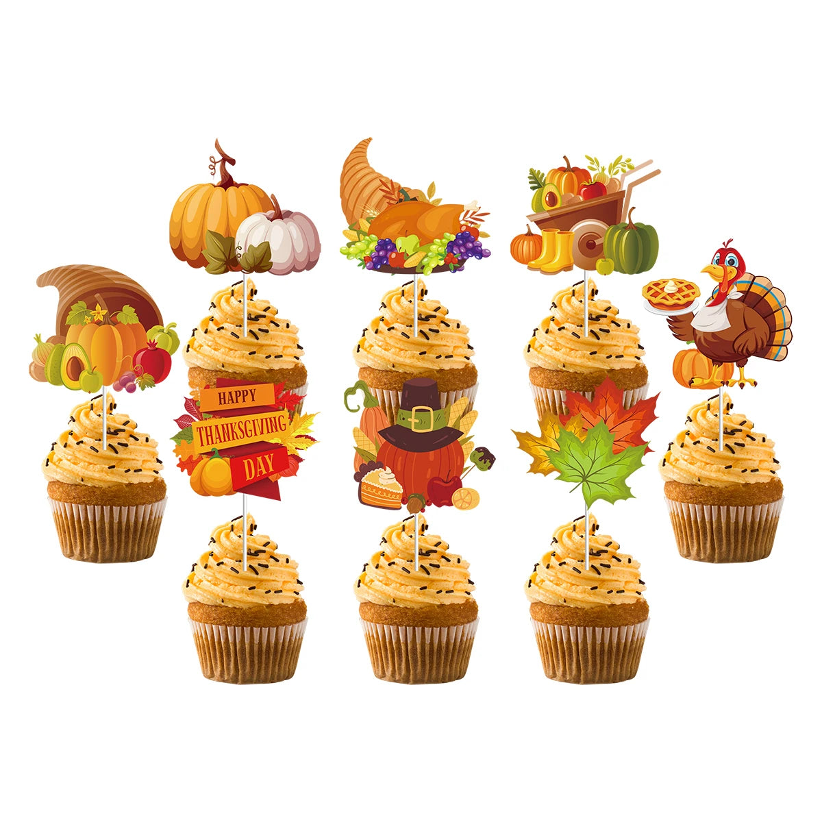 12/24pcs Thanksgiving Cupcake Topper Pumpkin Maple Cake Topper Fall Themed Turkey Food Picks Autumn Thanksgiving Cake Decoration