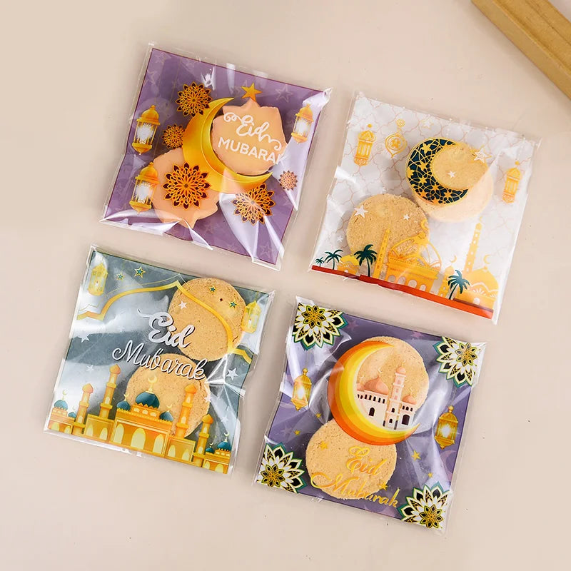 100Pcs Eid Mubarak Candy Cookie Bag Plastic Moon Star Gift Baking Packing Bags 2025 Muslim Islamic Party Supplies Ramadan Kareem