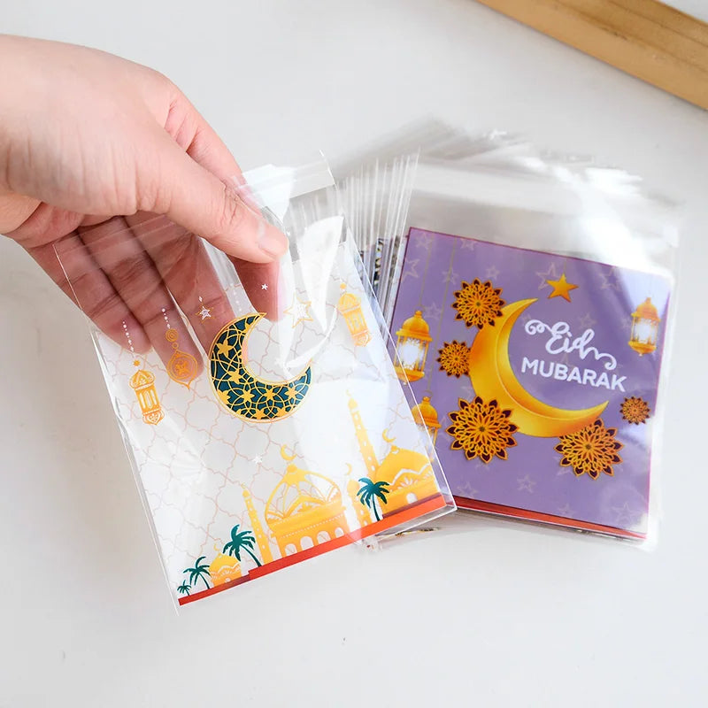 100Pcs Eid Mubarak Candy Cookie Bag Plastic Moon Star Gift Baking Packing Bags 2025 Muslim Islamic Party Supplies Ramadan Kareem