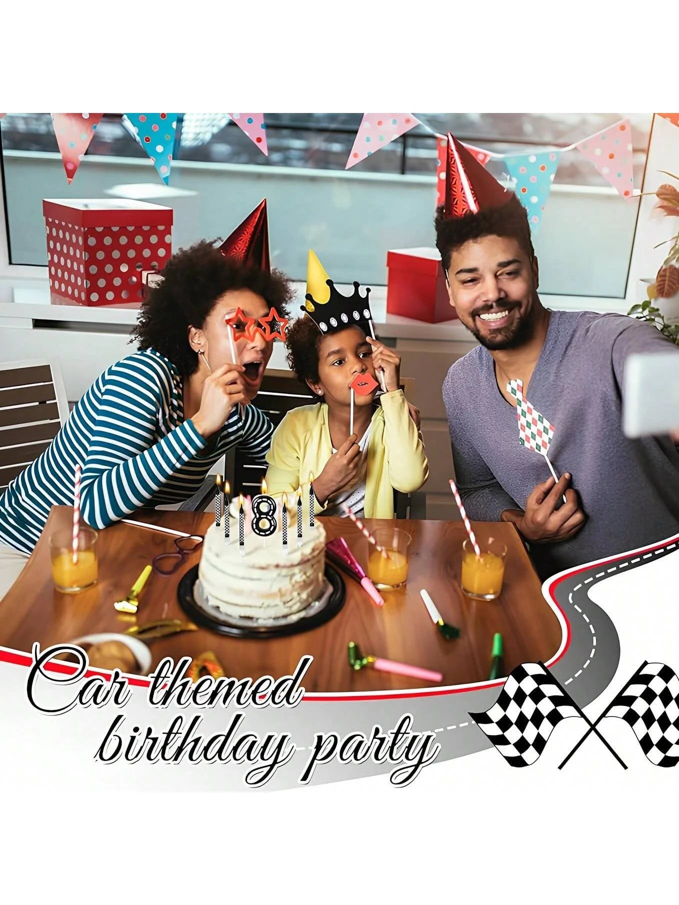 7pcs Racing Car Birthday Candles – Number & Truck Cake Toppers with Black and White Checkered Design