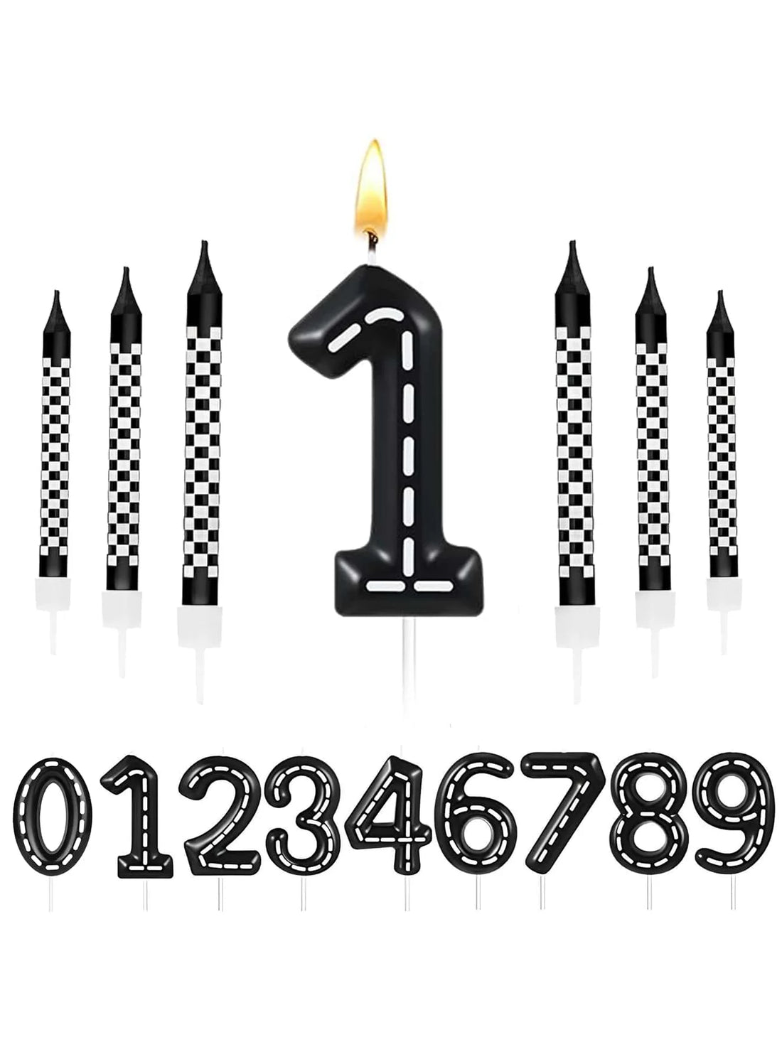 7pcs Racing Car Birthday Candles – Number & Truck Cake Toppers with Black and White Checkered Design